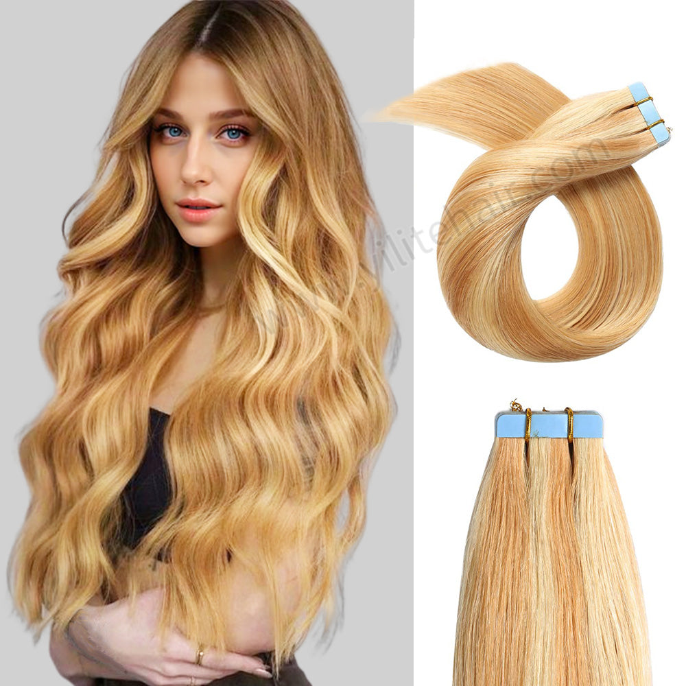 Yilite (#P27/613) Strawberry Blonde Mixed Bleach Blonde Tape In Hair Extensions Remy Human Hair 24Pcs
