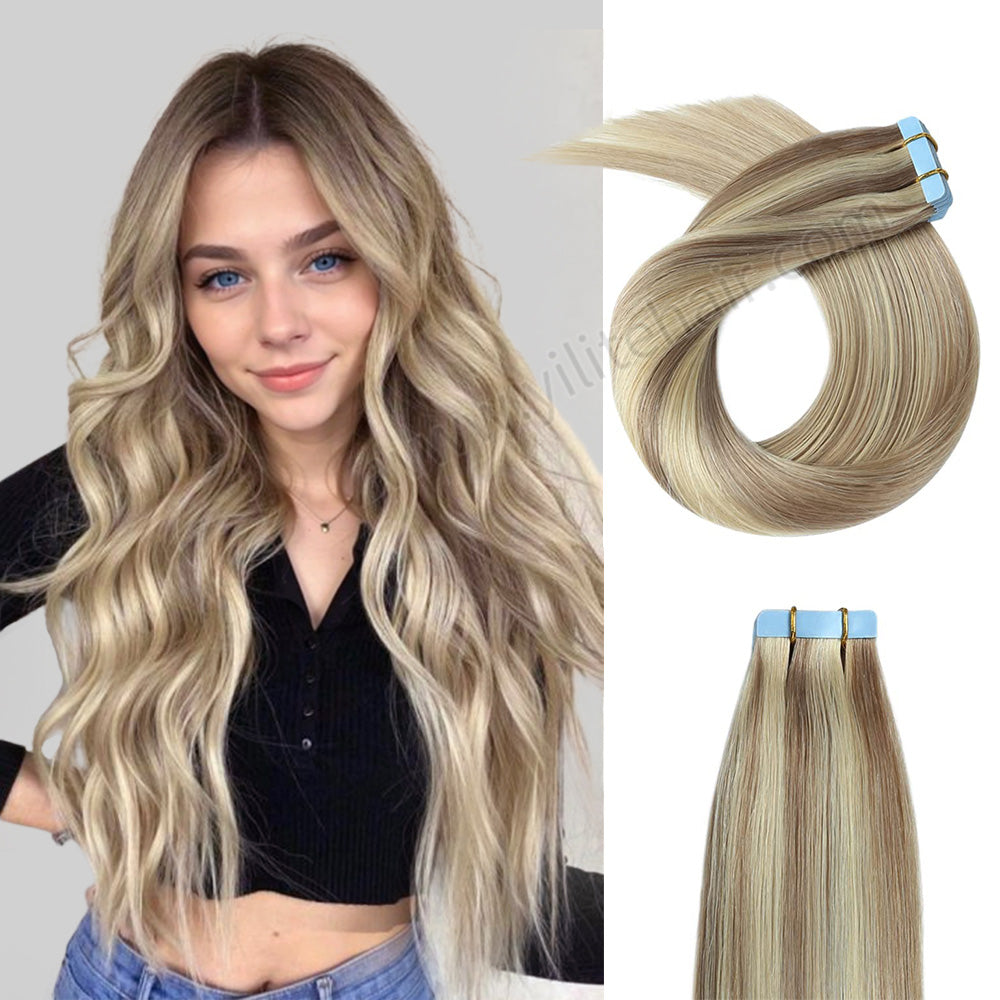Yilite (#P18/613) Ash Blonde Highlights Tape In Hair Extensions Remy Human Hair 24Pcs