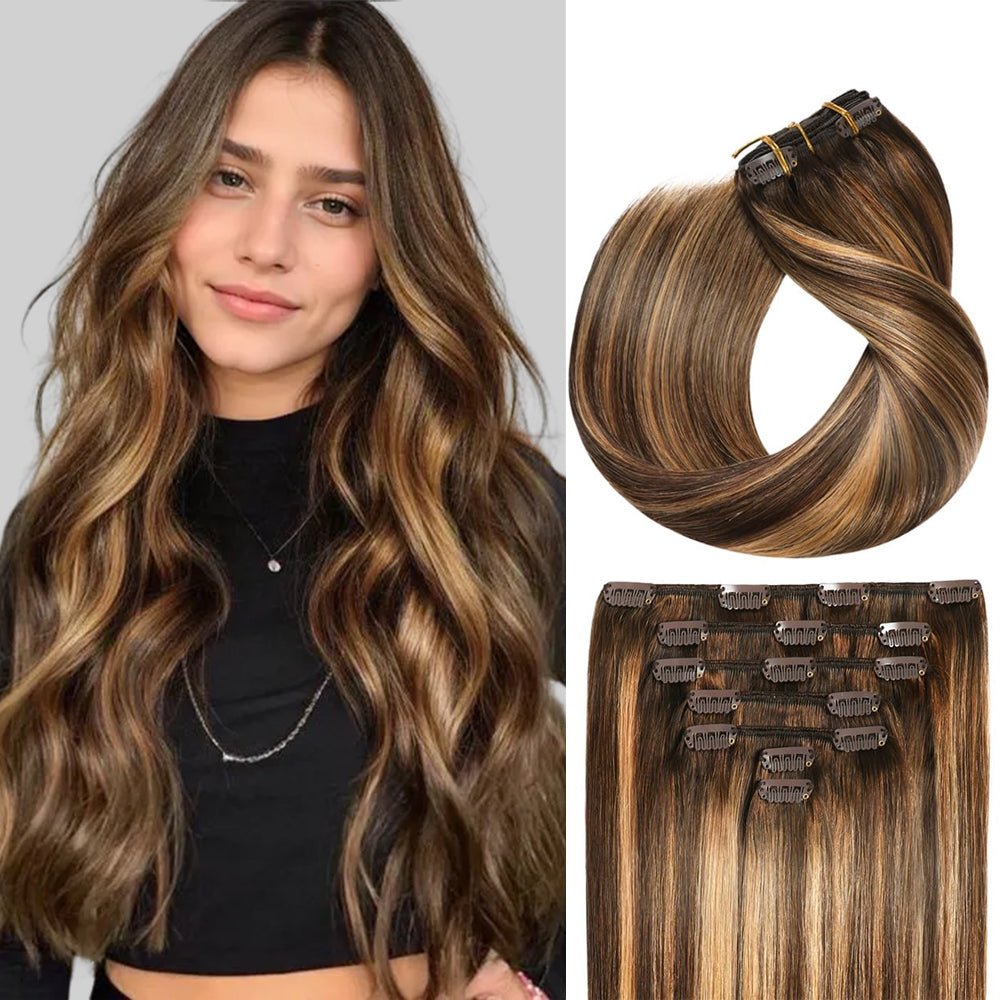 Yilite (#P4/27/T4) Chocolate Brown to Caramel Blonde Classic Clip Ins