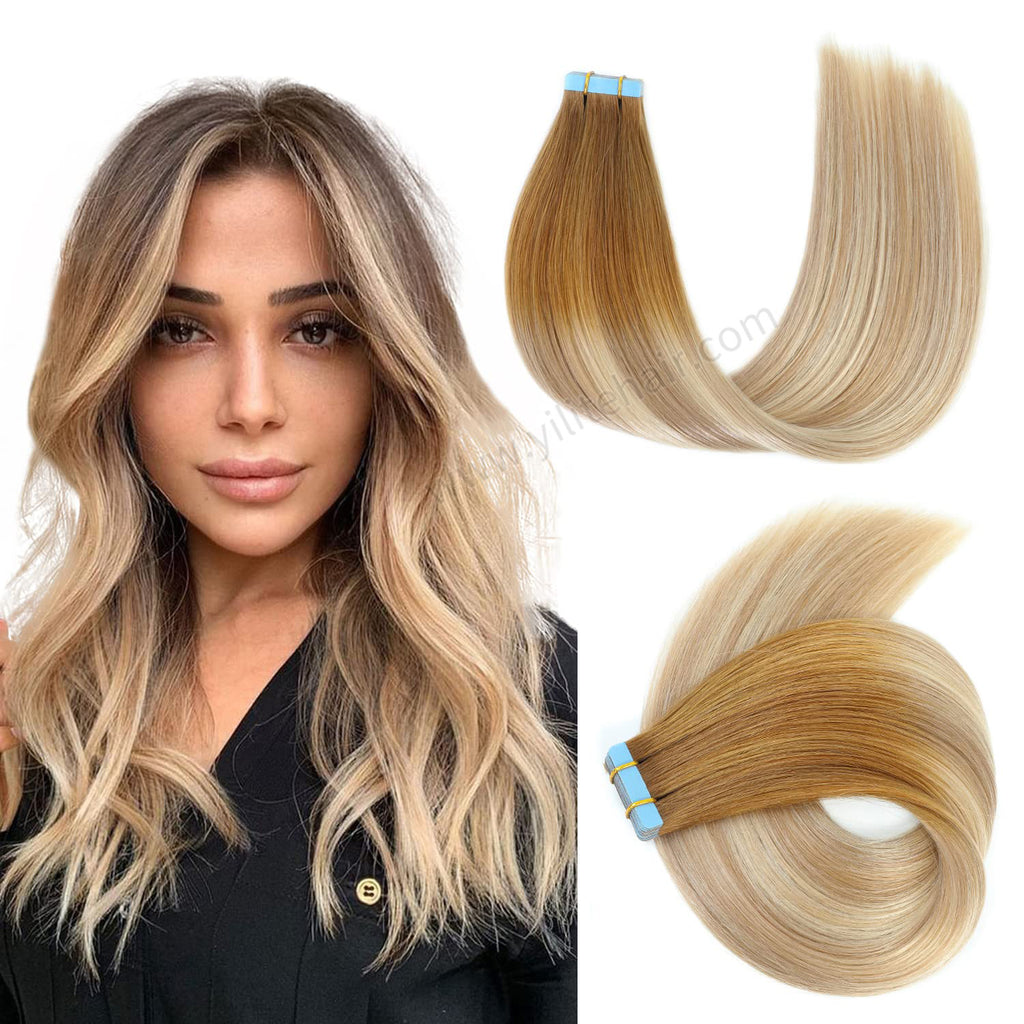 Yilite (#T8/P18/60) Light Brown with Ash Blonde Balayage Tape In Hair Extensions Remy Human Hair 24Pcs