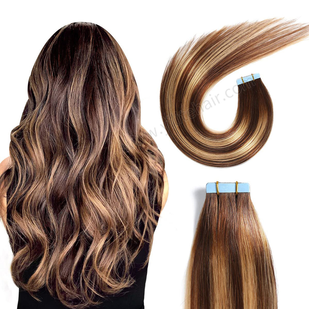 Yilite (#P4/27/T4) Chocolate Brown with Caramel Blonde Tape In Hair Extensions Remy Human Hair 24Pcs